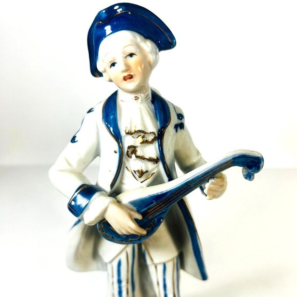 Vtg Ardco Japan Porcelain Gilded Figurine Musician Blue White Playing Lute 3259 - Picture 1 of 8